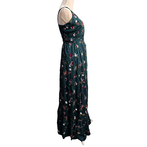 Tularosa Anthropologie Aubrie Sequin Embroidered Wrap Maxi Dress Green $240 Med - Picture 6 of 10
